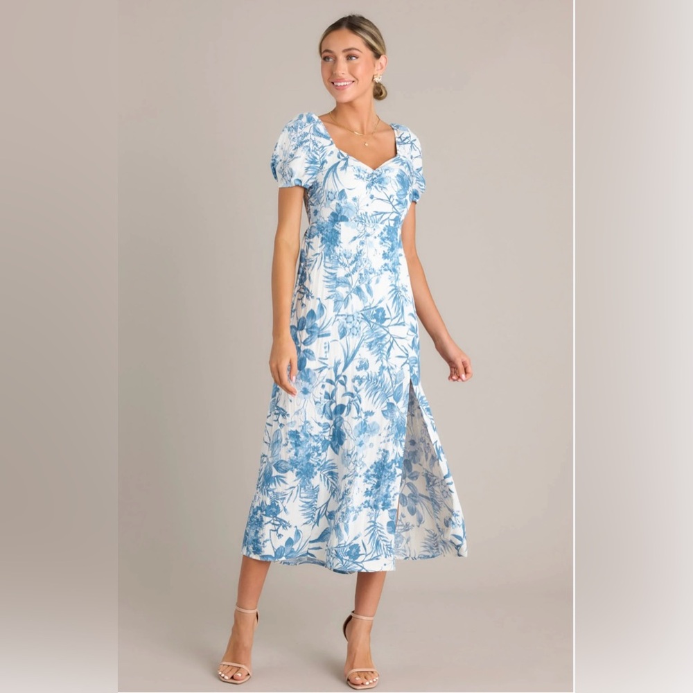 Blue and White Floral Midi Dress